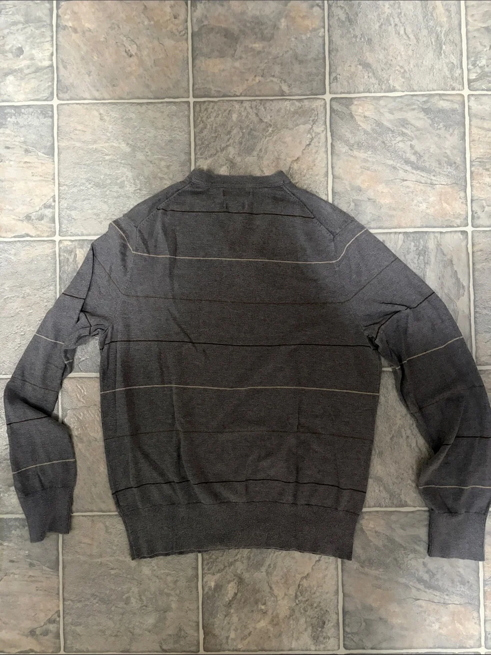 Banana Republic Men's Gray V-Neck Sweater with Thin Contrast Stripes
